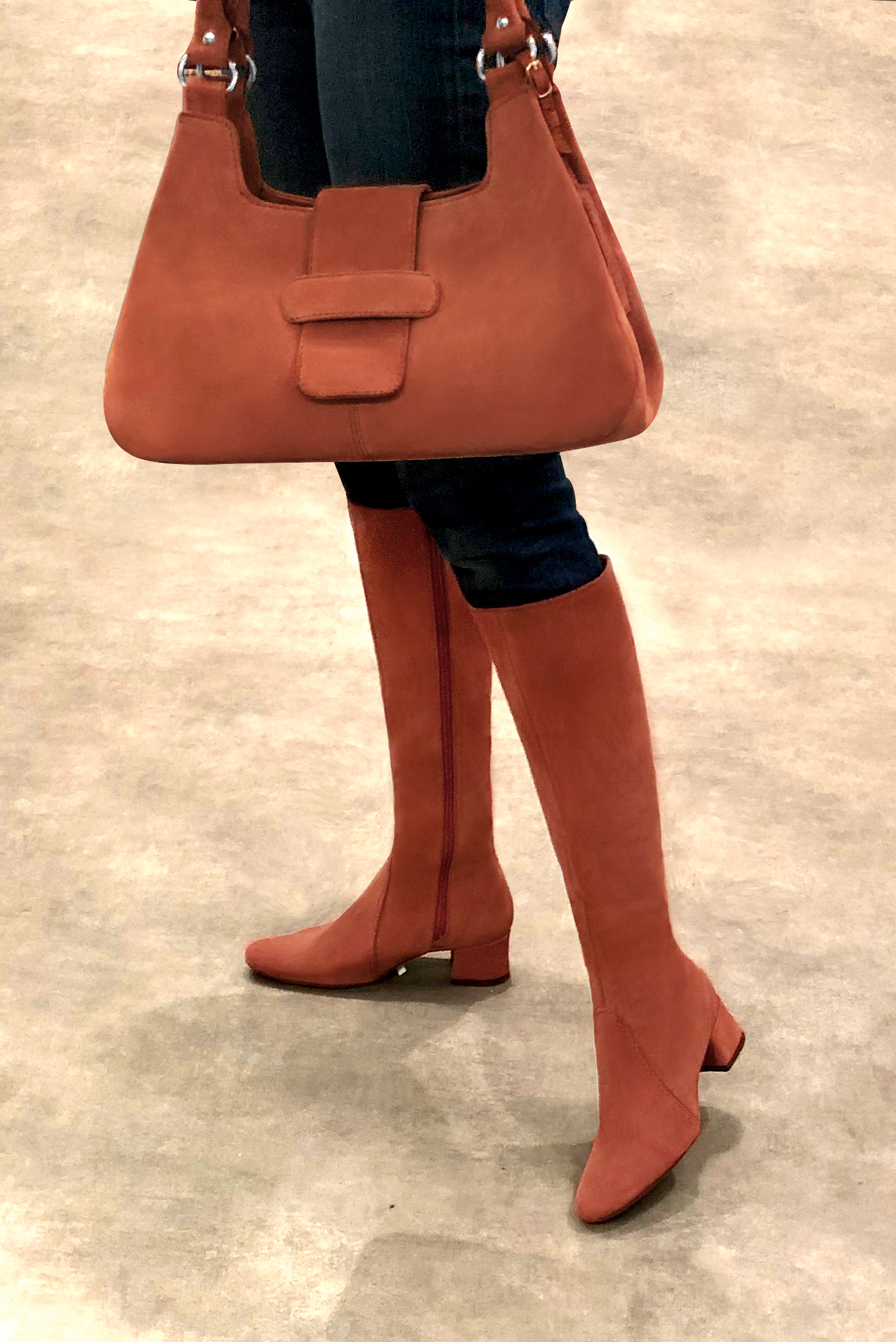Terracotta orange women's feminine knee-high boots. Round toe. Low flare heels. Made to measure. Worn view - Florence KOOIJMAN